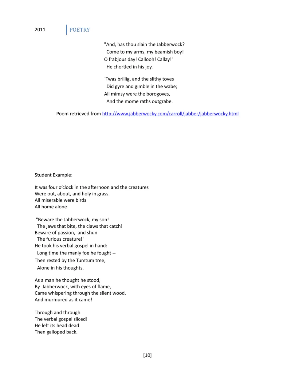 End of The Jabberwocky and a student example rewrite with new words such as verbal gospel and whispering