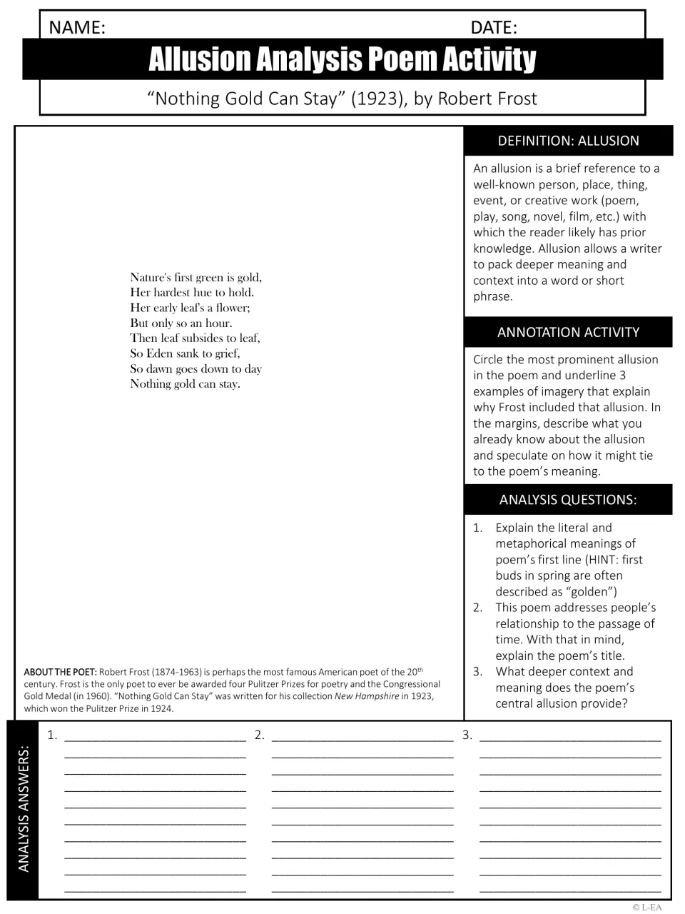 Poem analysis activity: Robert Frost’s “Nothing Gold Can Stay,” allusion annotation, and three questions.