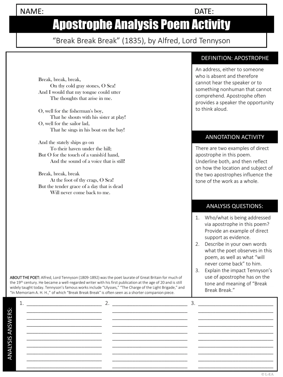 Apostrophe in Tennyson's "Break, Break, Break": students underline two direct addresses and answer 3 tone questions
