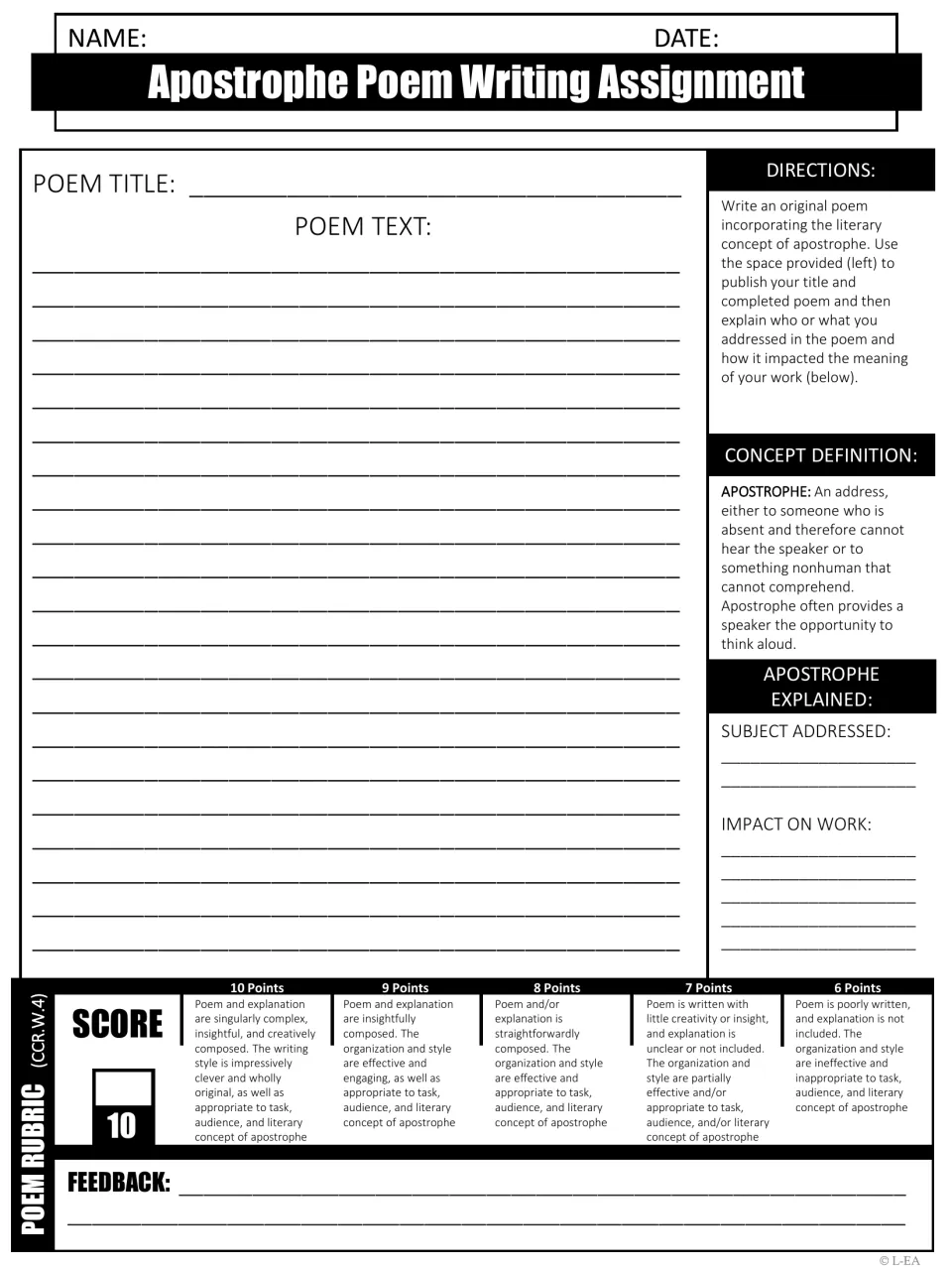 Apostrophe poem writing: students compose an original poem, name who or what it addresses and explain its impact on meaning