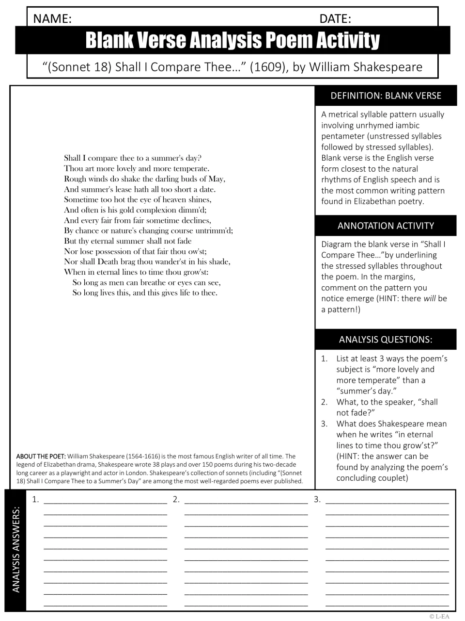 Sonnet 18 blank verse analysis: students underline stressed syllables, note the meter pattern and answer 3 questions