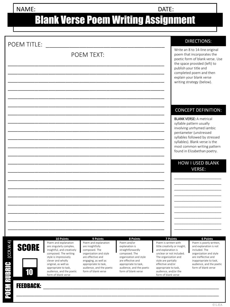 Blank verse poem writing: students compose an 8 to 14-line original poem and explain how they used the form, with rubric