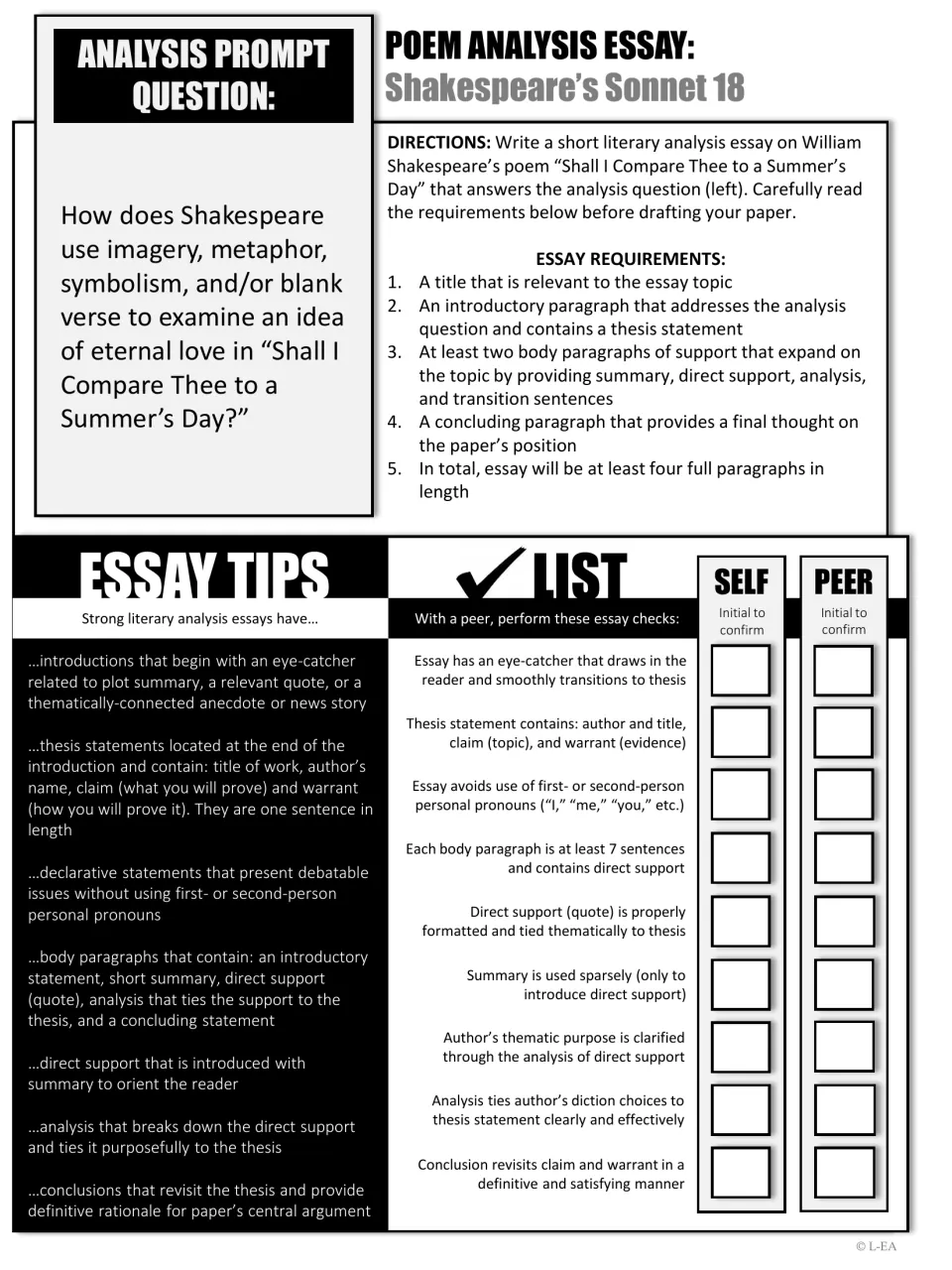 Sonnet 18 essay prompt on imagery, metaphor and eternal love, with essay requirements, tips and a self/peer checklist