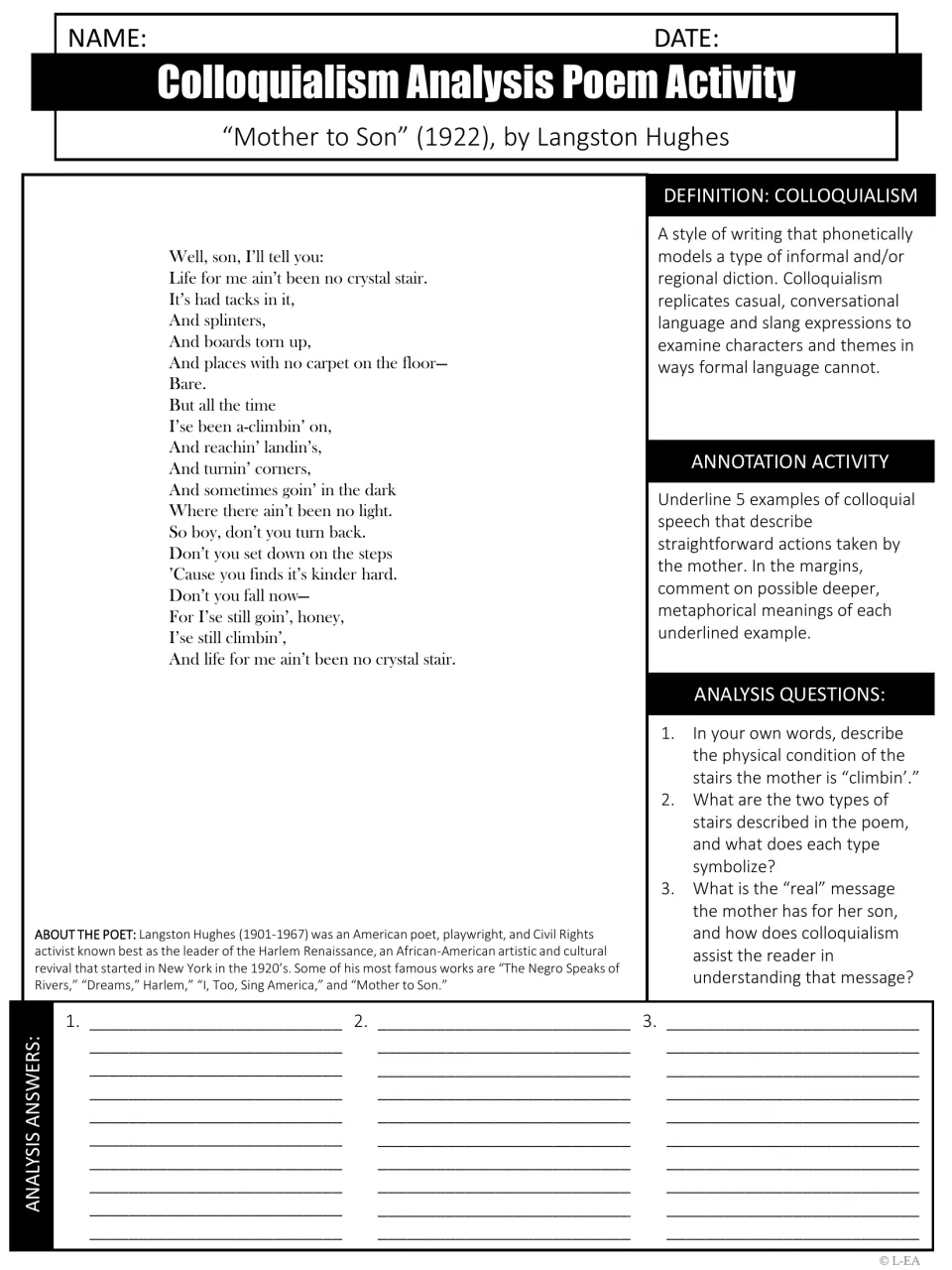 Colloquialism in Mother to Son: students underline 5 colloquial phrases, annotate meanings and answer 3 stair questions
