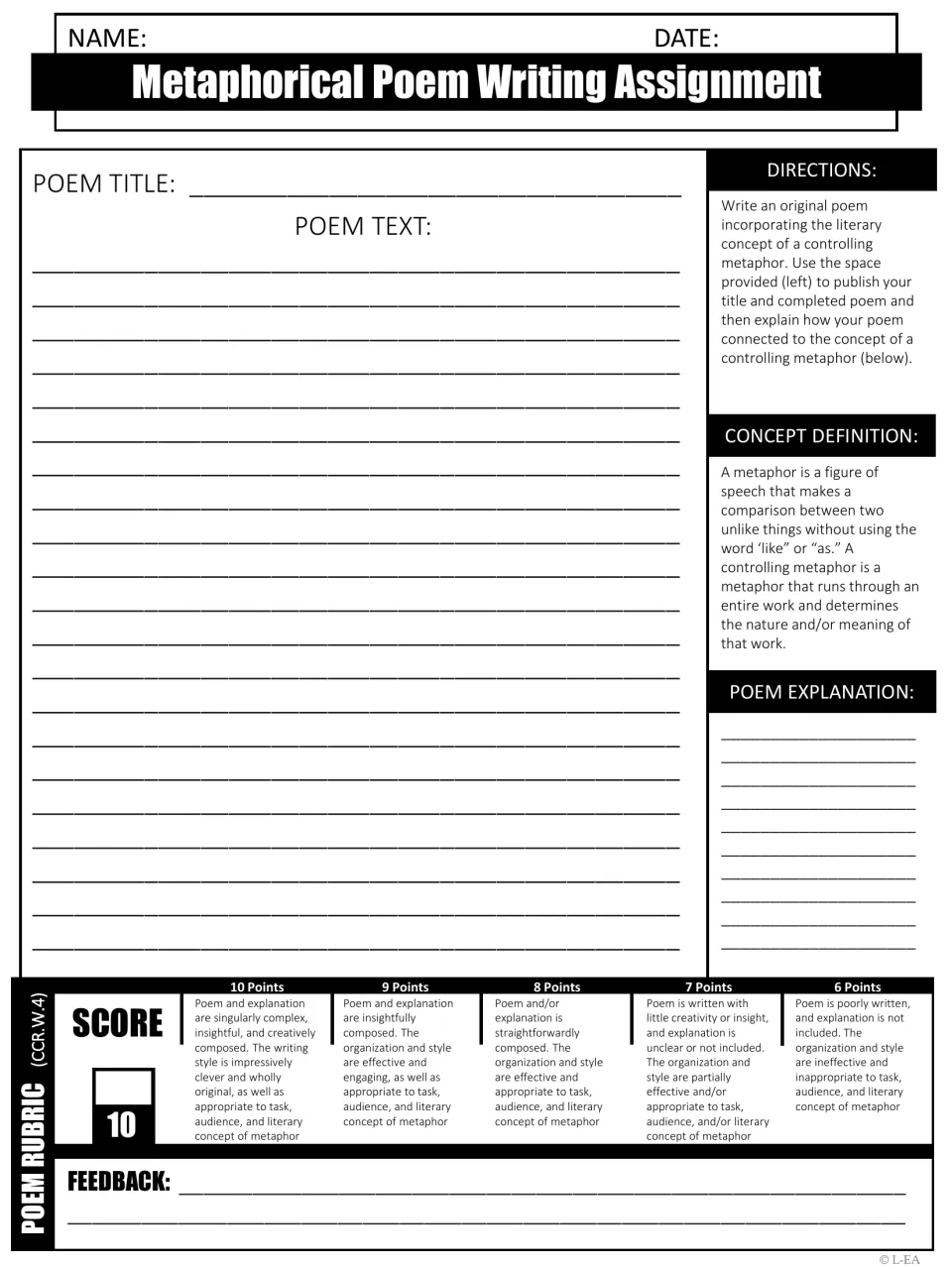 Poem writing assignment: create an original poem using a controlling metaphor and explain its meaning.