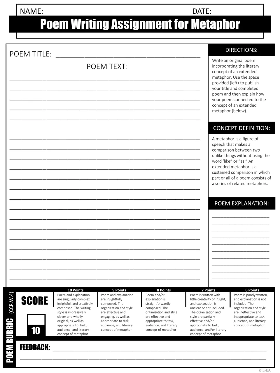 Poem writing assignment: students write an original extended-metaphor poem, explain it, and are scored on a 10-point rubric