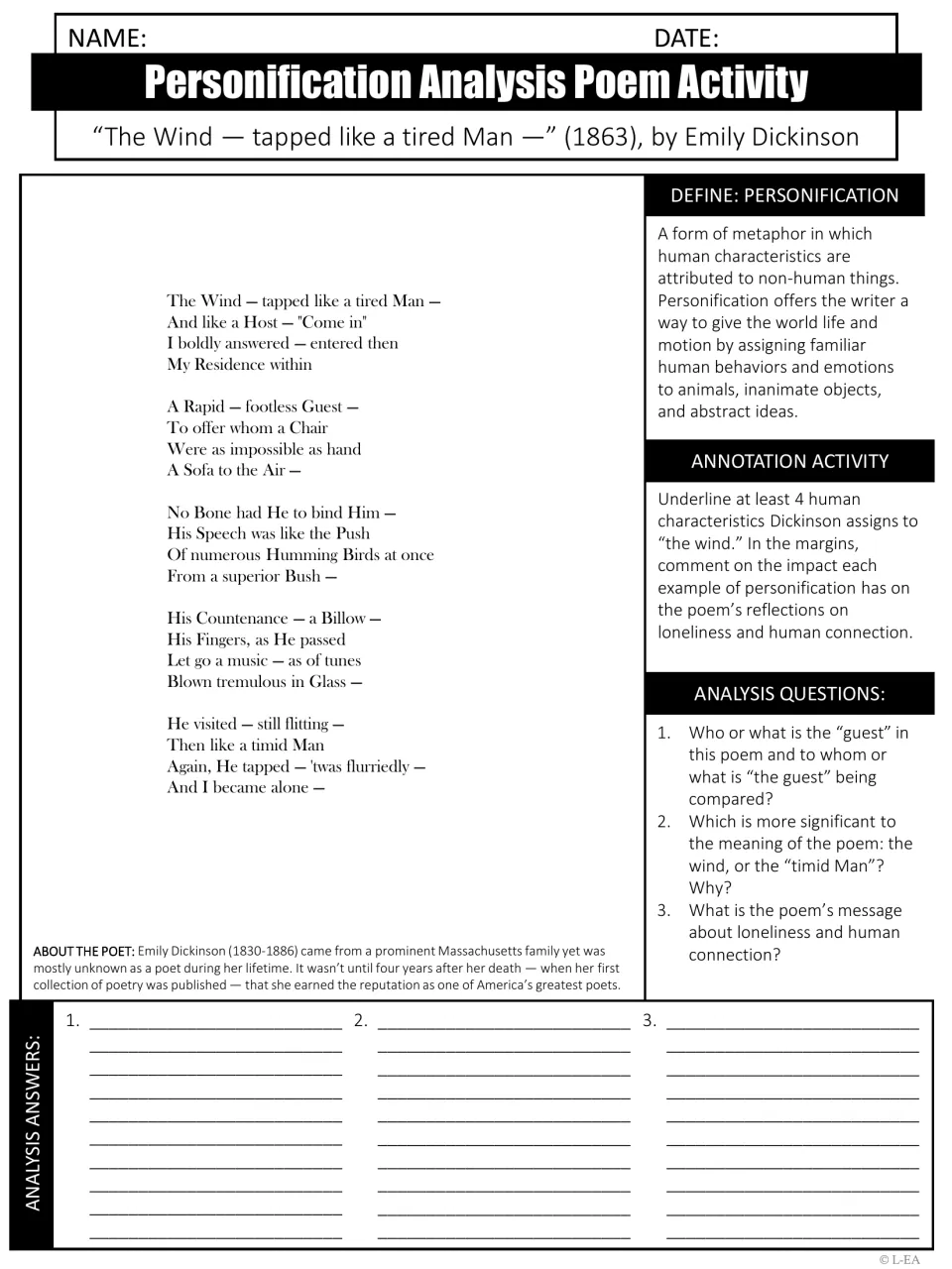 Poem analysis activity for Dickinson's “The Wind”: personification annotation and three analysis questions