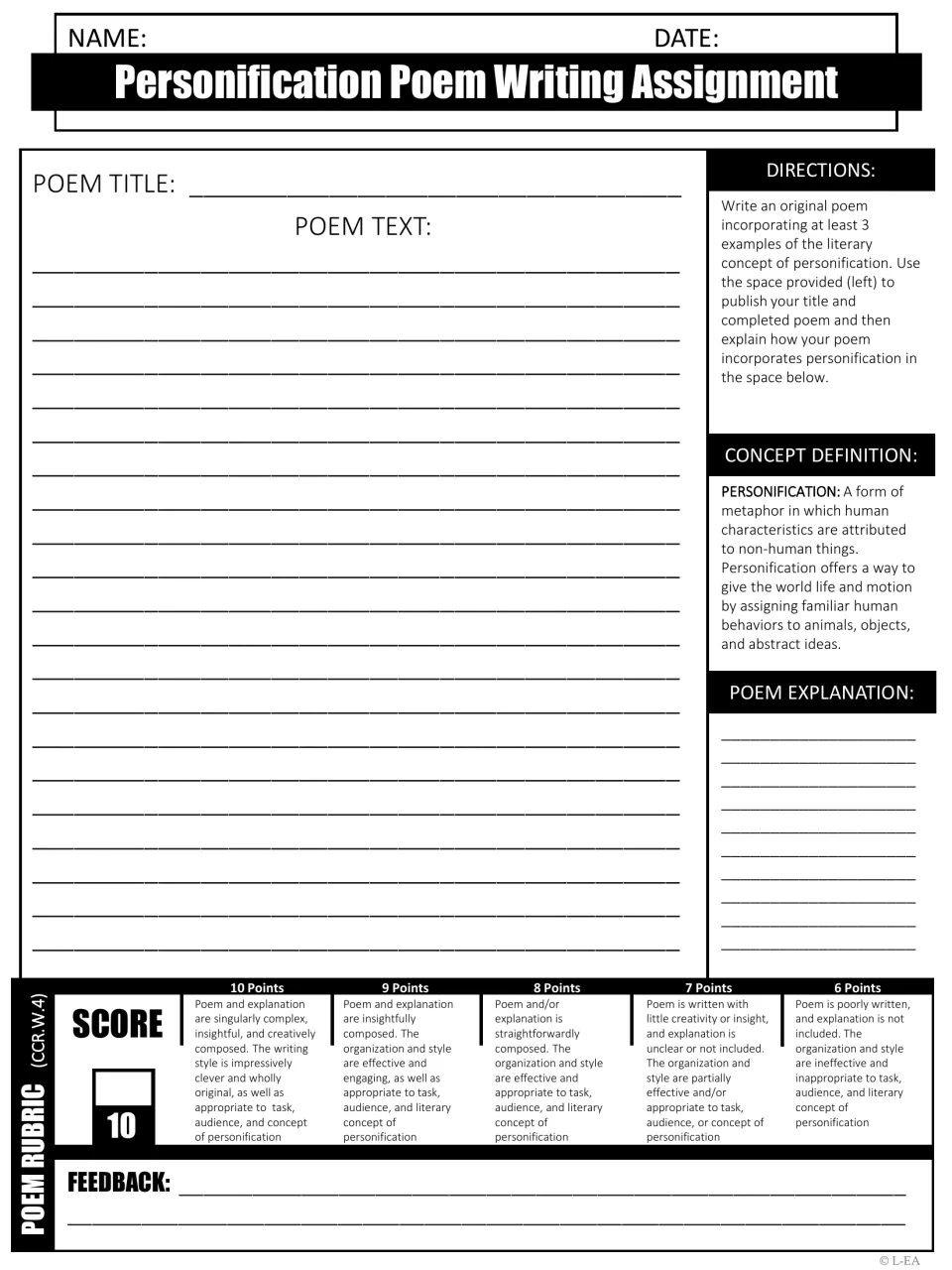 Original poem assignment requiring at least three examples of personification, an explanation, and a rubric