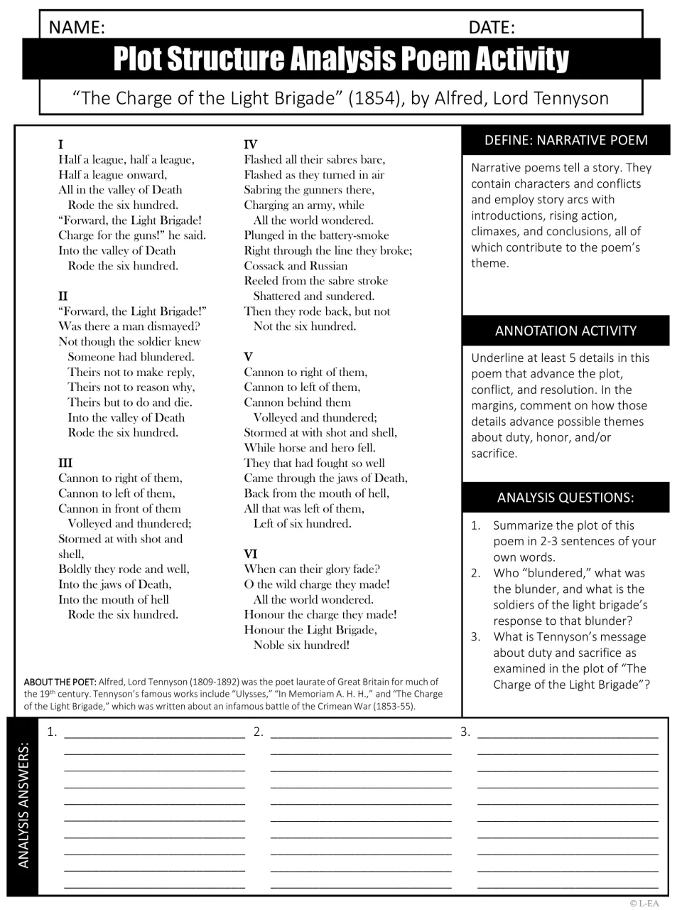 Plot structure in Tennyson's Light Brigade: students underline 5 plot details and answer 3 questions on duty and sacrifice