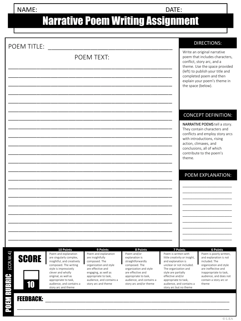 Narrative poem writing: students compose an original poem with characters, conflict, story arc and theme, then explain it