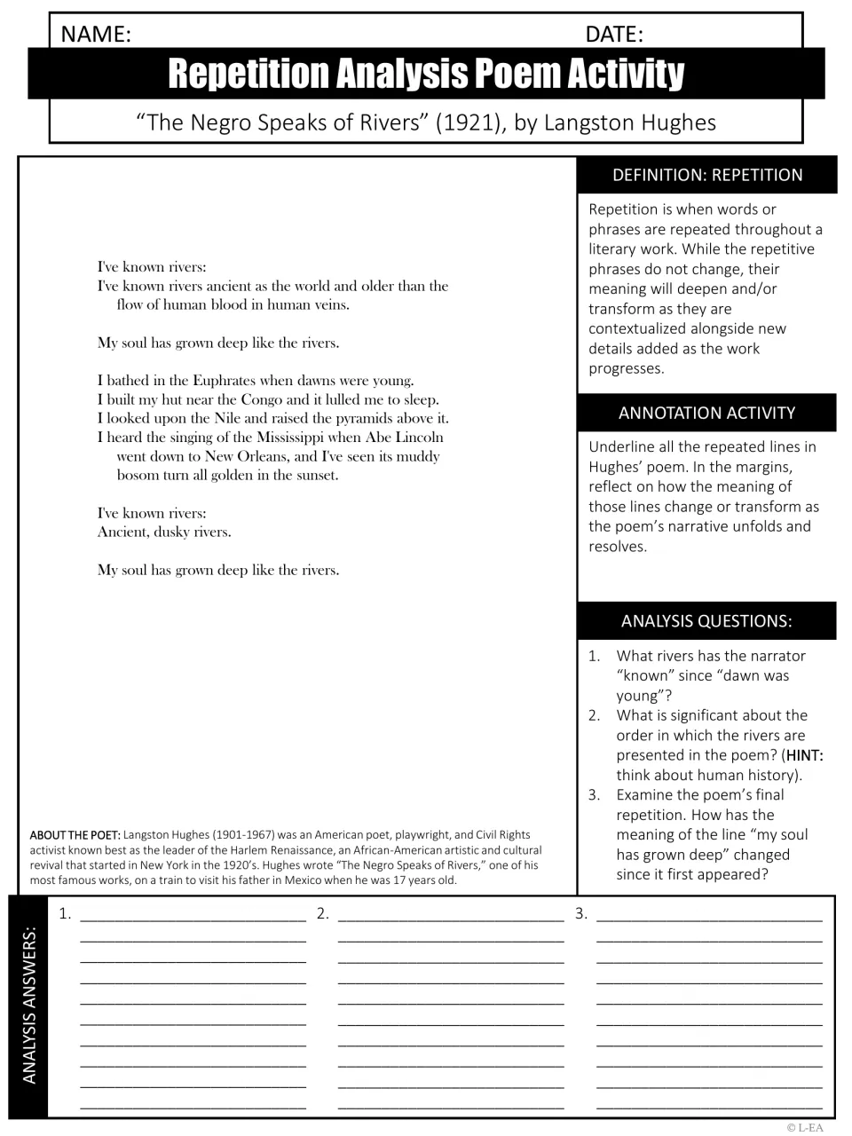 Repetition in "The Negro Speaks of Rivers": students underline repeated lines and answer 3 analysis questions