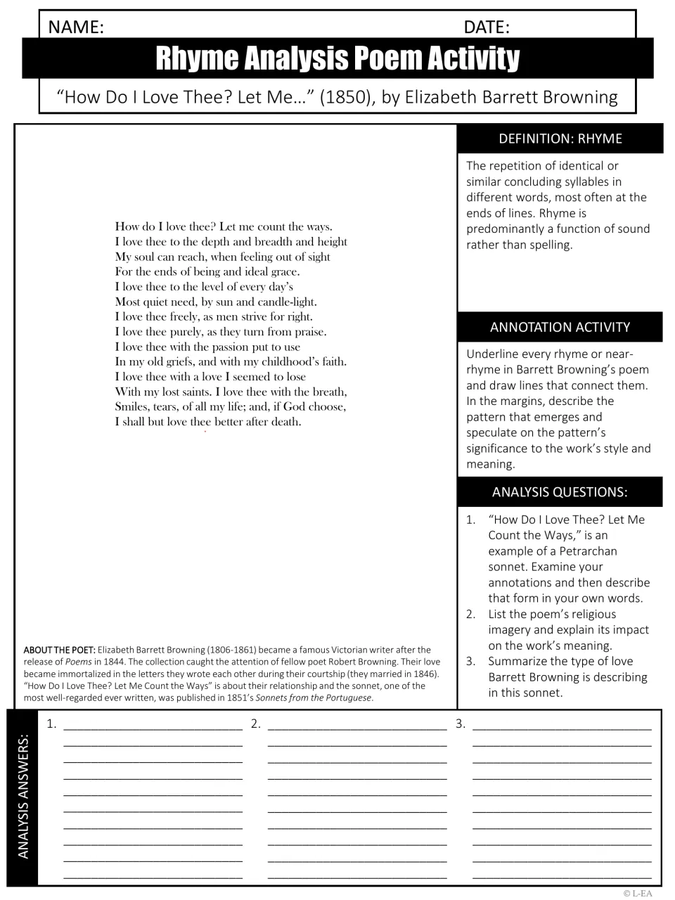 Rhyme analysis of Barrett Browning's sonnet: students underline rhymes, note the pattern and answer 3 analysis questions