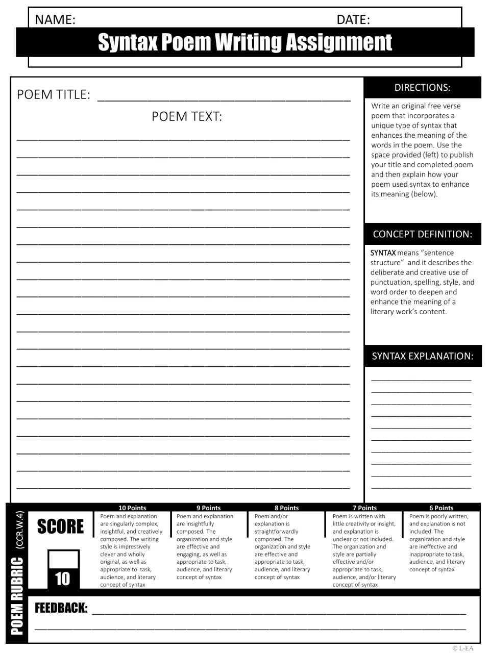 Syntax poem writing: students compose an original free verse poem and explain how its syntax shapes meaning