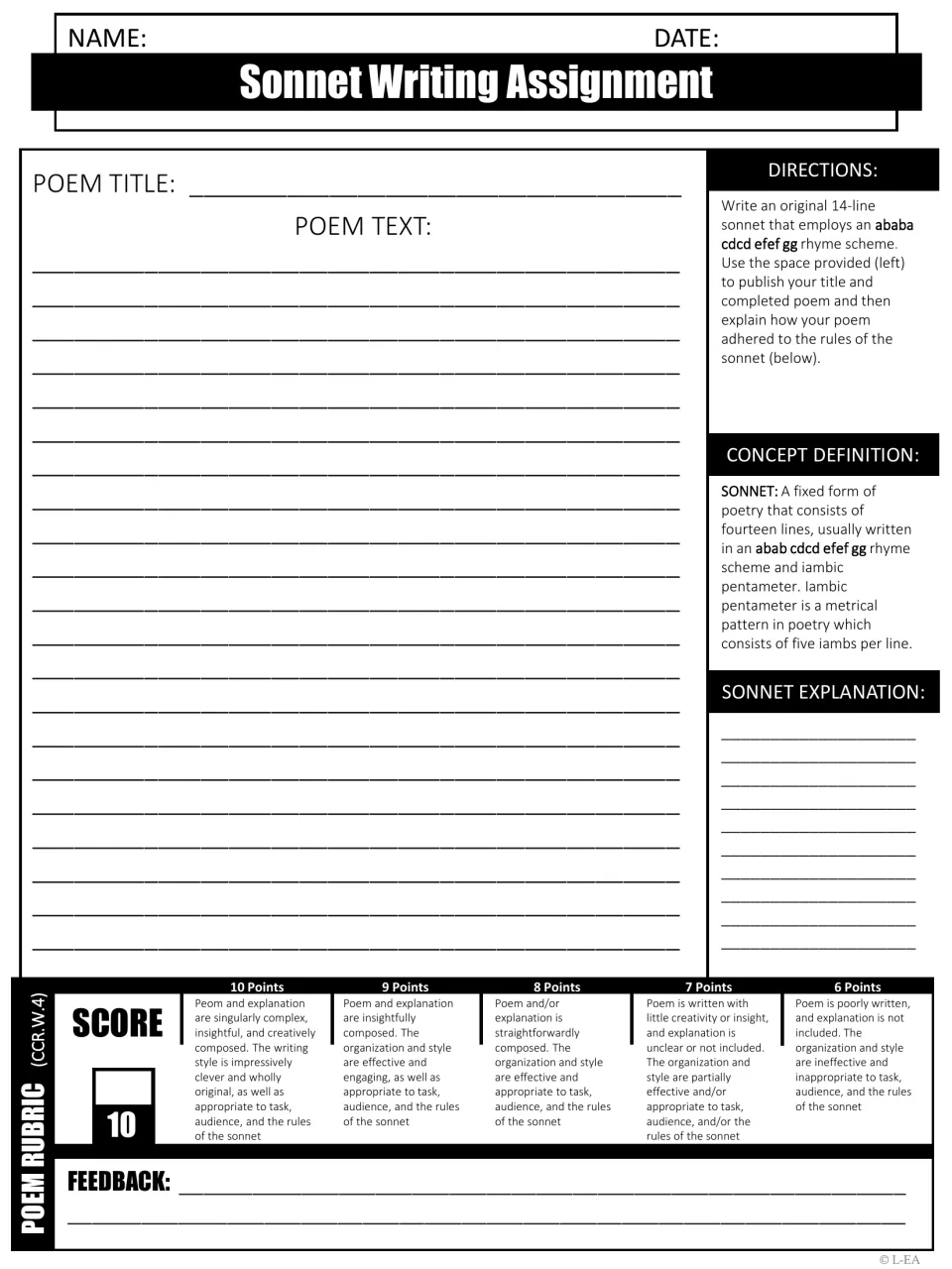 Sonnet writing task: students compose an original 14-line sonnet, then explain how it follows the form's rhyme and meter