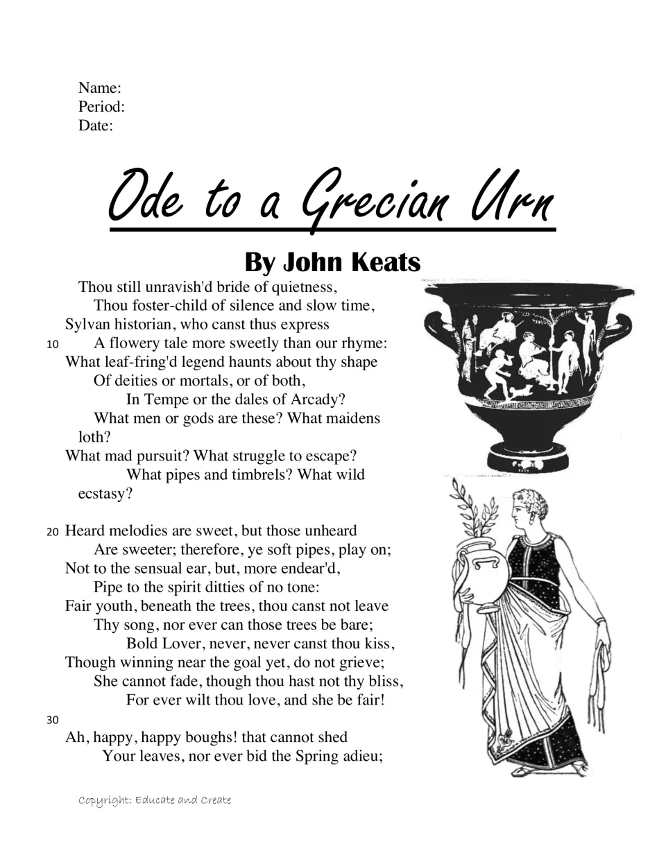 Ode to a Grecian Urn by John Keats, stanzas 1 and 2 and the start of 3, with name lines and drawings of a Greek urn