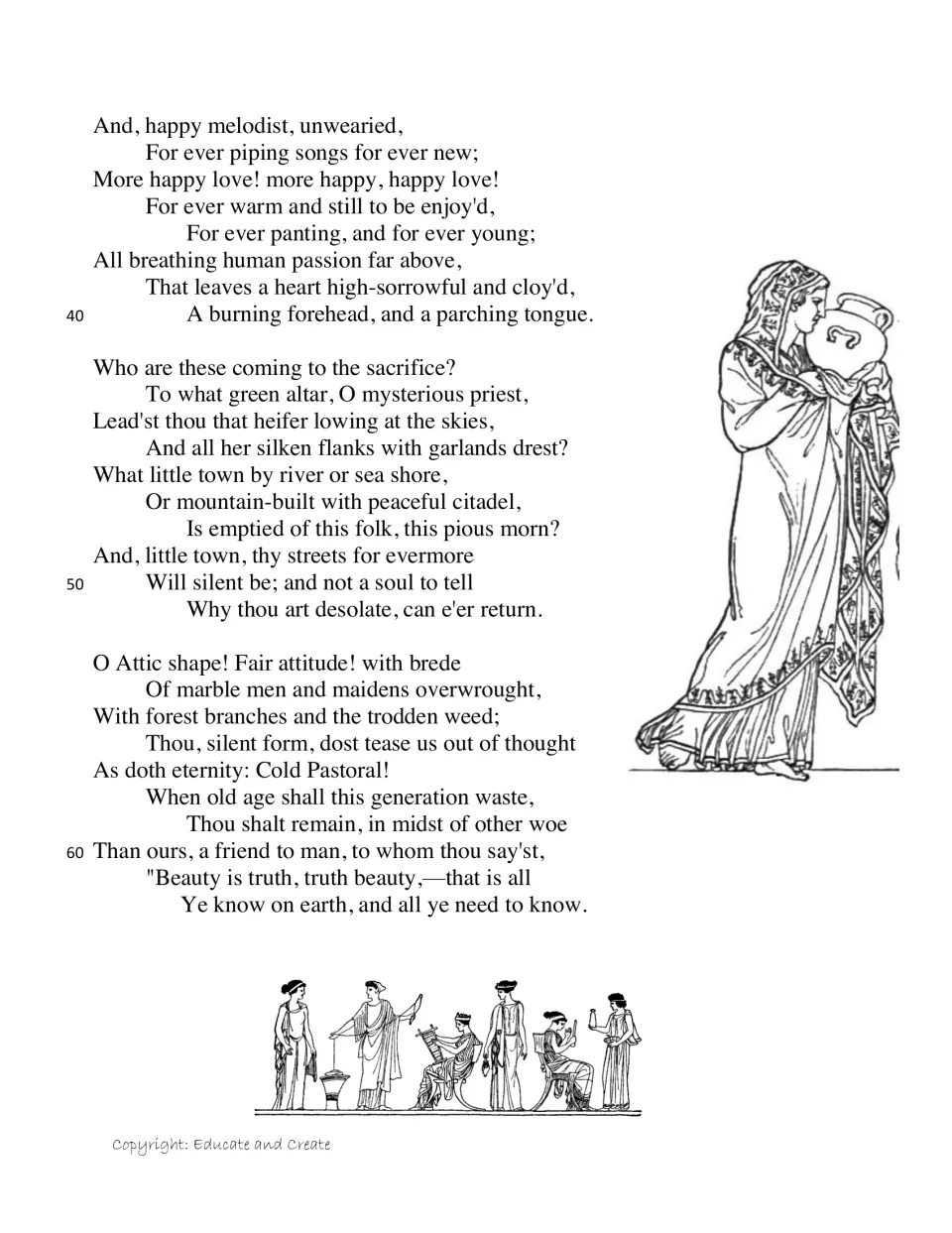 Keats poem continued, stanzas 3 to 5, ending with "Beauty is truth, truth beauty", beside drawings of Greek figures