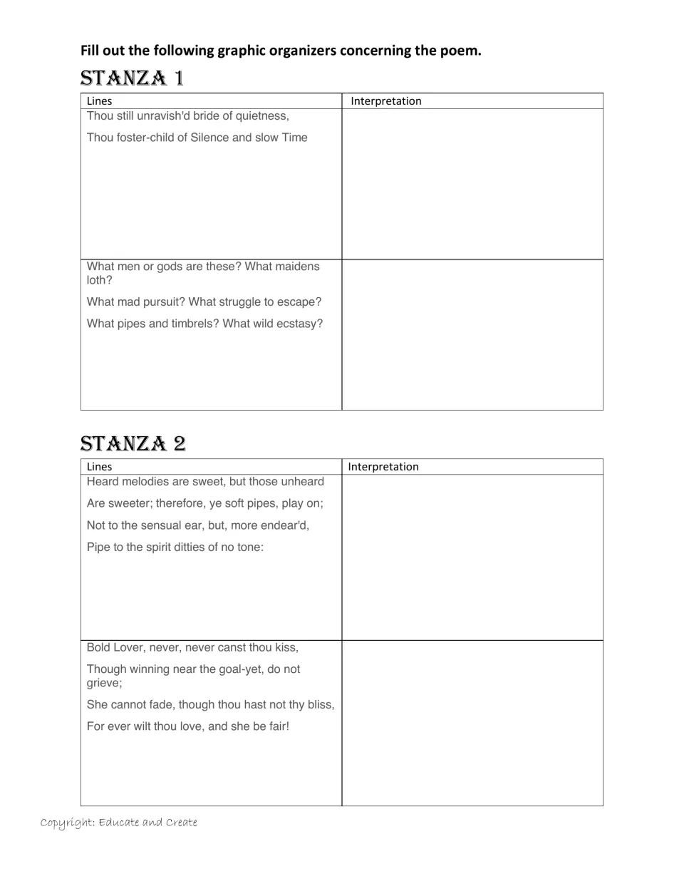 Stanzas 1 and 2 graphic organizer: students interpret quoted lines such as "Heard melodies are sweet" and "Bold Lover"
