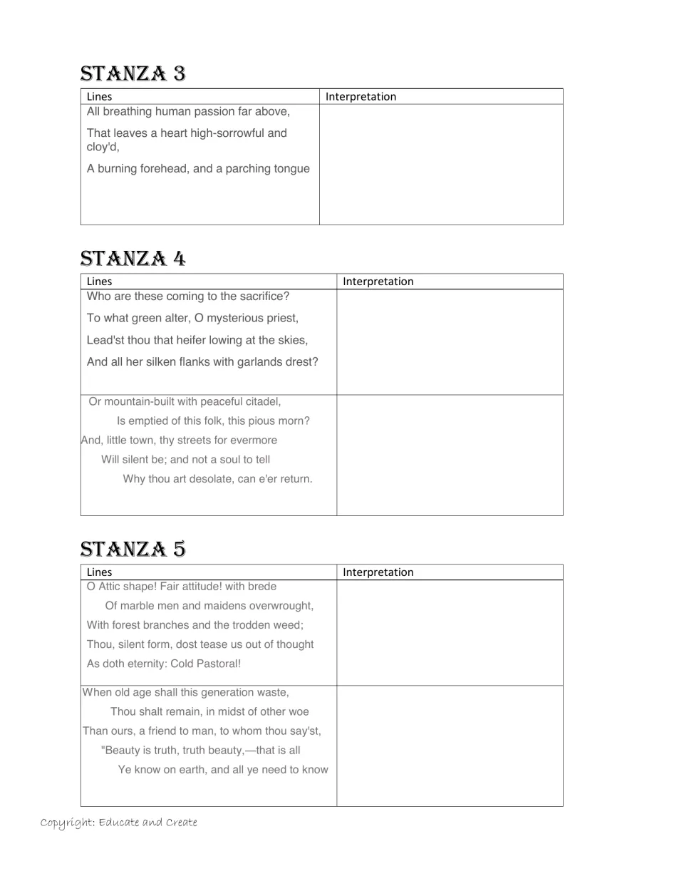 Stanzas 3 to 5 graphic organizer: students interpret lines on passion, the sacrifice, the empty town and "Cold Pastoral!"