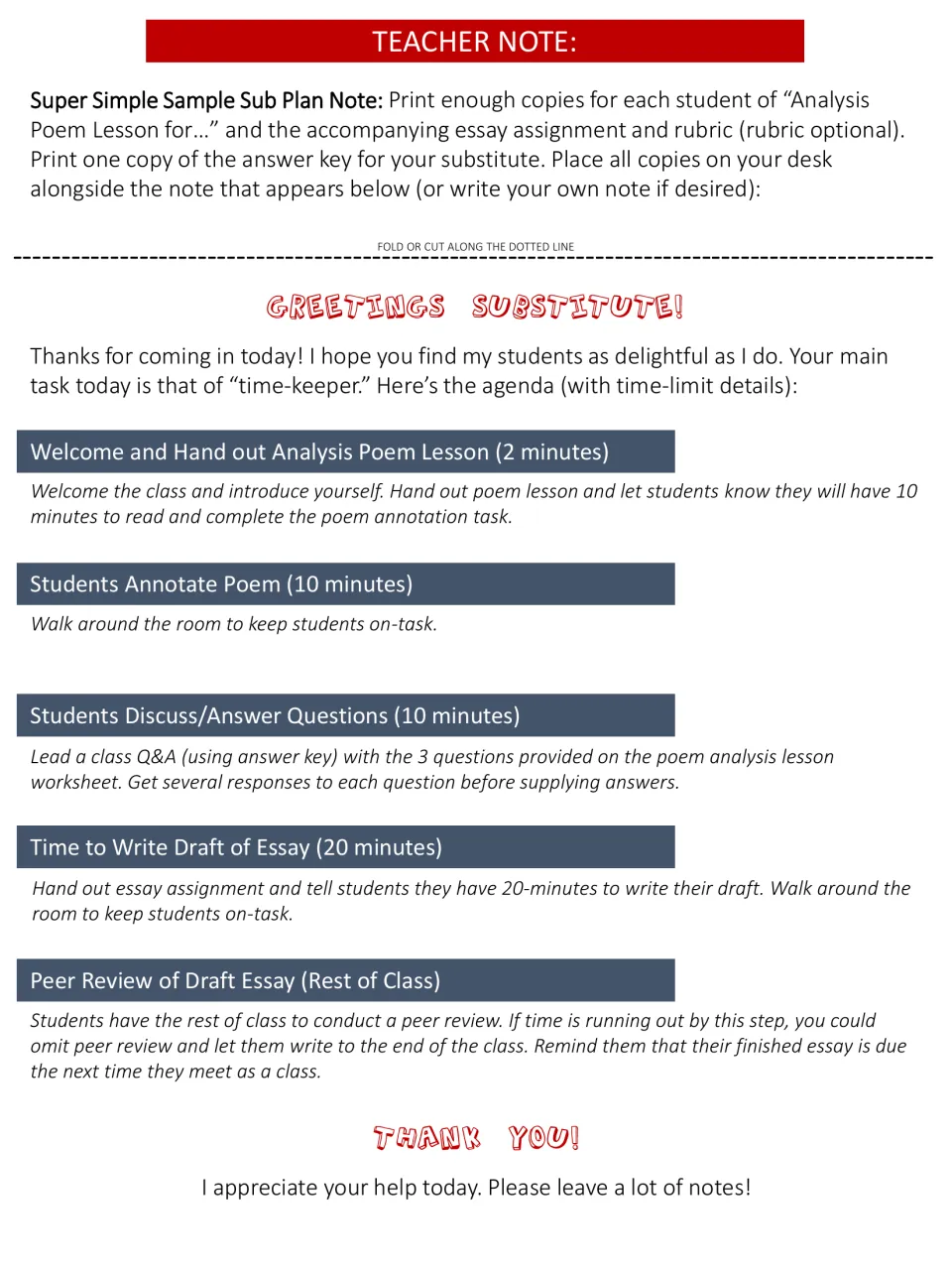 Poetry sub plan note: timed agenda for handing out the poem, annotation, discussion, essay drafting and peer review