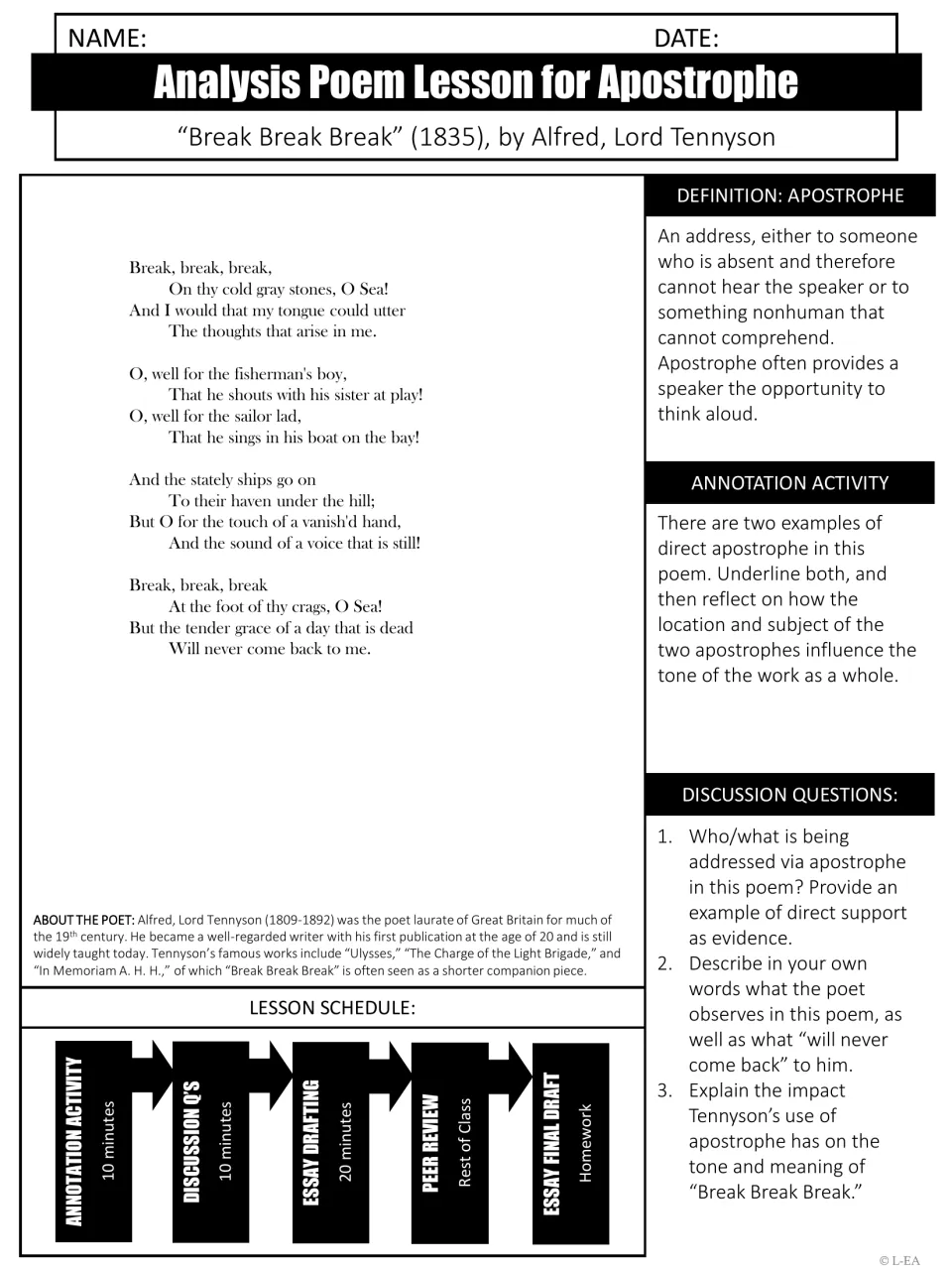 Apostrophe in Tennyson's "Break Break Break": students underline two apostrophes and answer 3 questions on tone and meaning