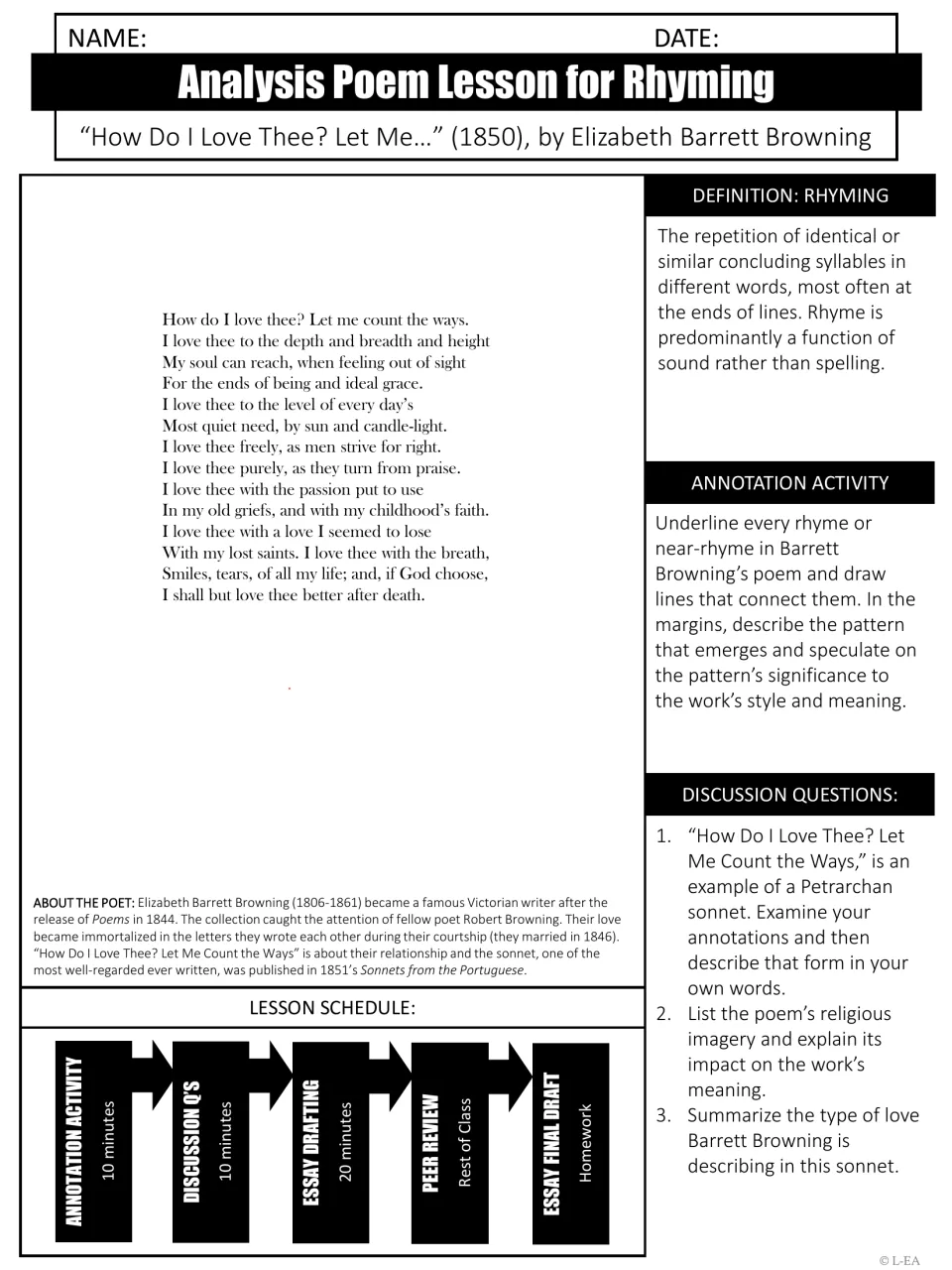 Rhyme in Barrett Browning's "How Do I Love Thee?": students underline and connect rhymes and discuss Petrarchan sonnet form