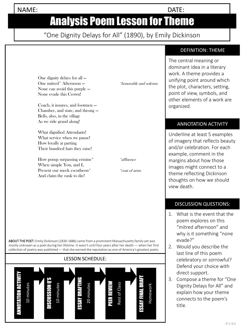 Theme in Dickinson's "One Dignity Delays for All": students underline 5 images of celebration and compose a theme on death