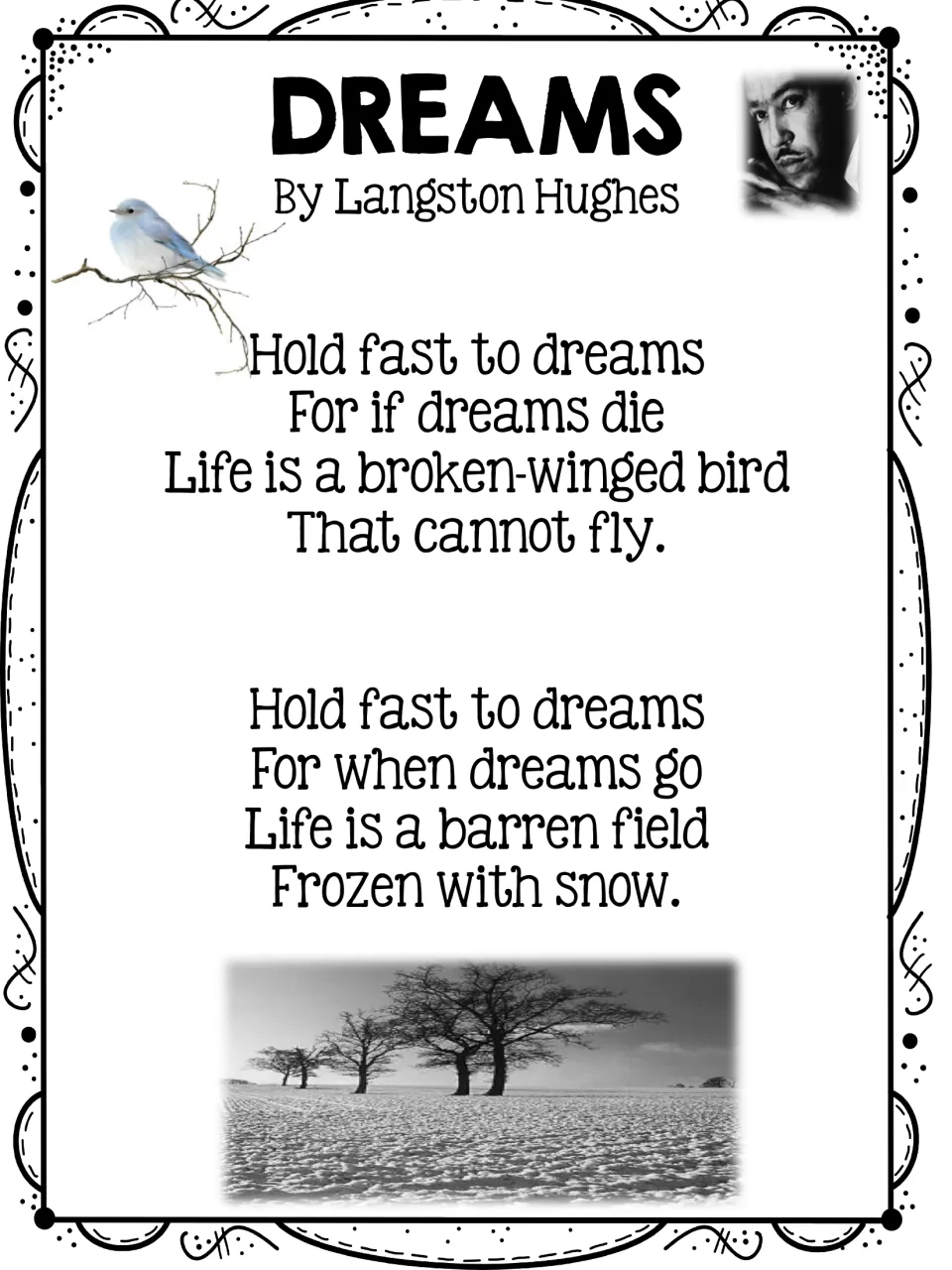 Poem reading page presents Langston Hughes's “Dreams,” with two stanzas comparing life to a bird and a field.