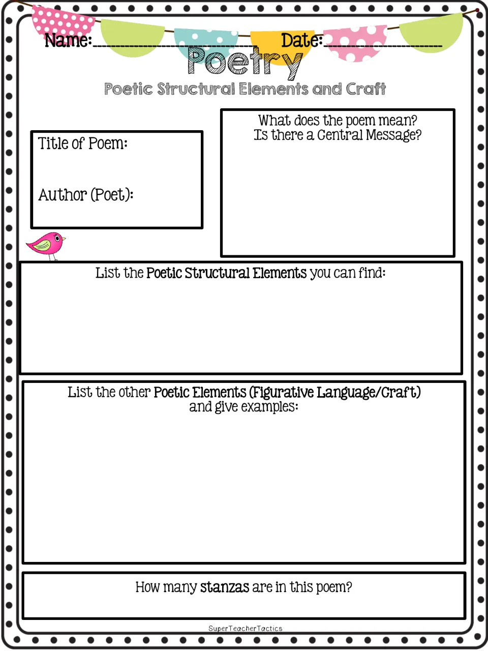 Poetry analysis organizer asks for title, poet, central message, structural elements, figurative examples, and stanzas.