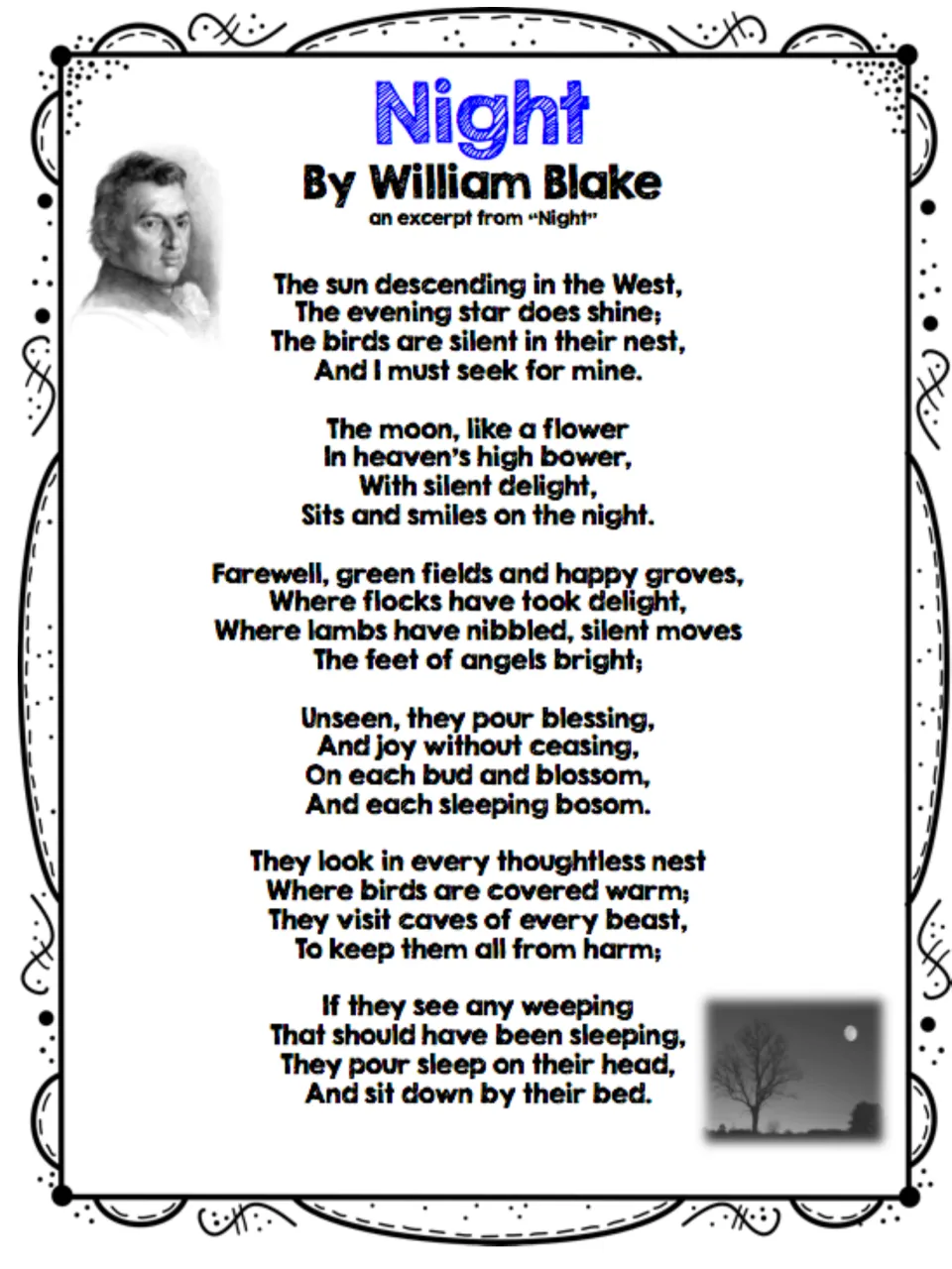 Poem reading page presents an excerpt from William Blake's “Night,” describing evening and angels guarding sleepers.