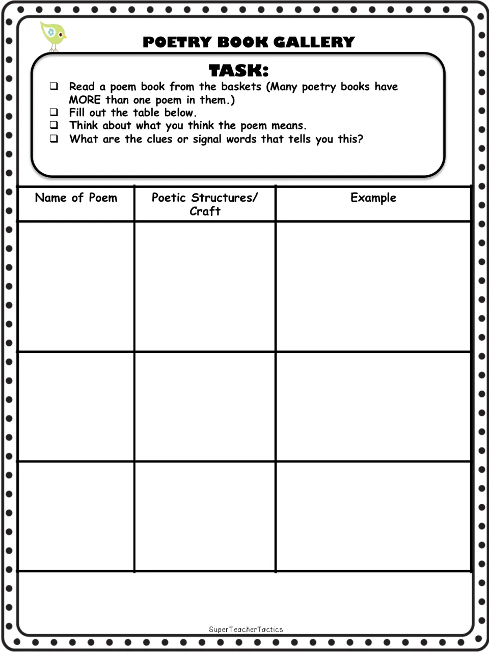 Poetry book gallery task asks students to read poetry books and record poem names, structures or craft, and examples.