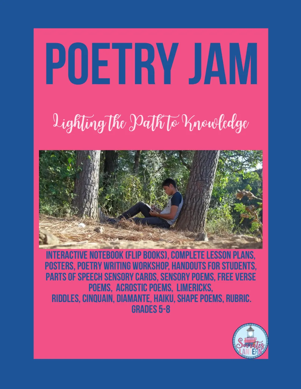 Poetry Jam cover lists interactive flip books, lesson plans, writing workshops, and poem types for grades 5–8
