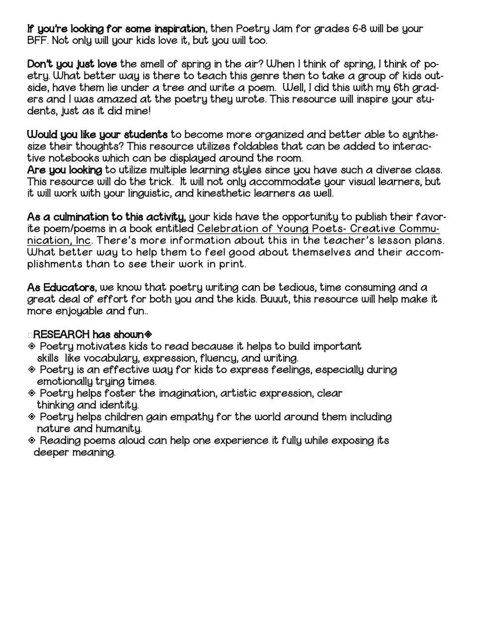 Resource introduction explains notebook foldables, outdoor poetry writing, and optional student publication