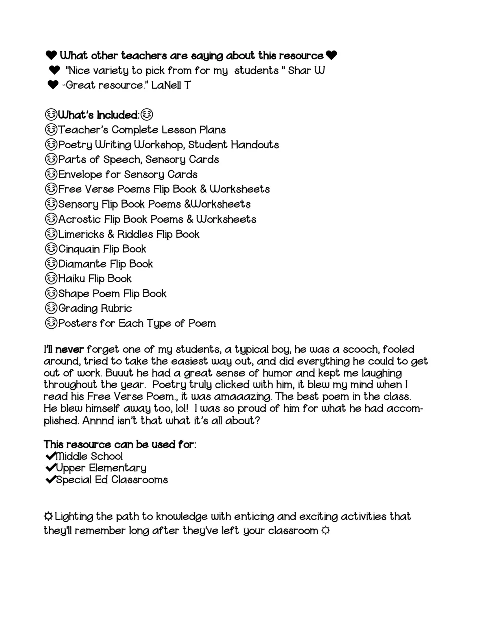 Contents list names lesson plans, student handouts, sensory cards, eight poetry flip books, posters, and a rubric