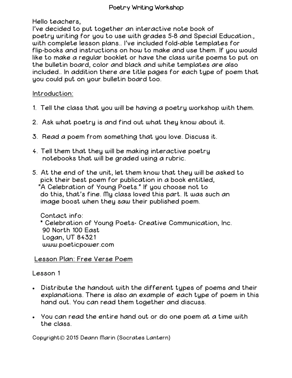 Workshop opening introduces poetry notebooks, rubric grading, optional publication, and the free verse lesson