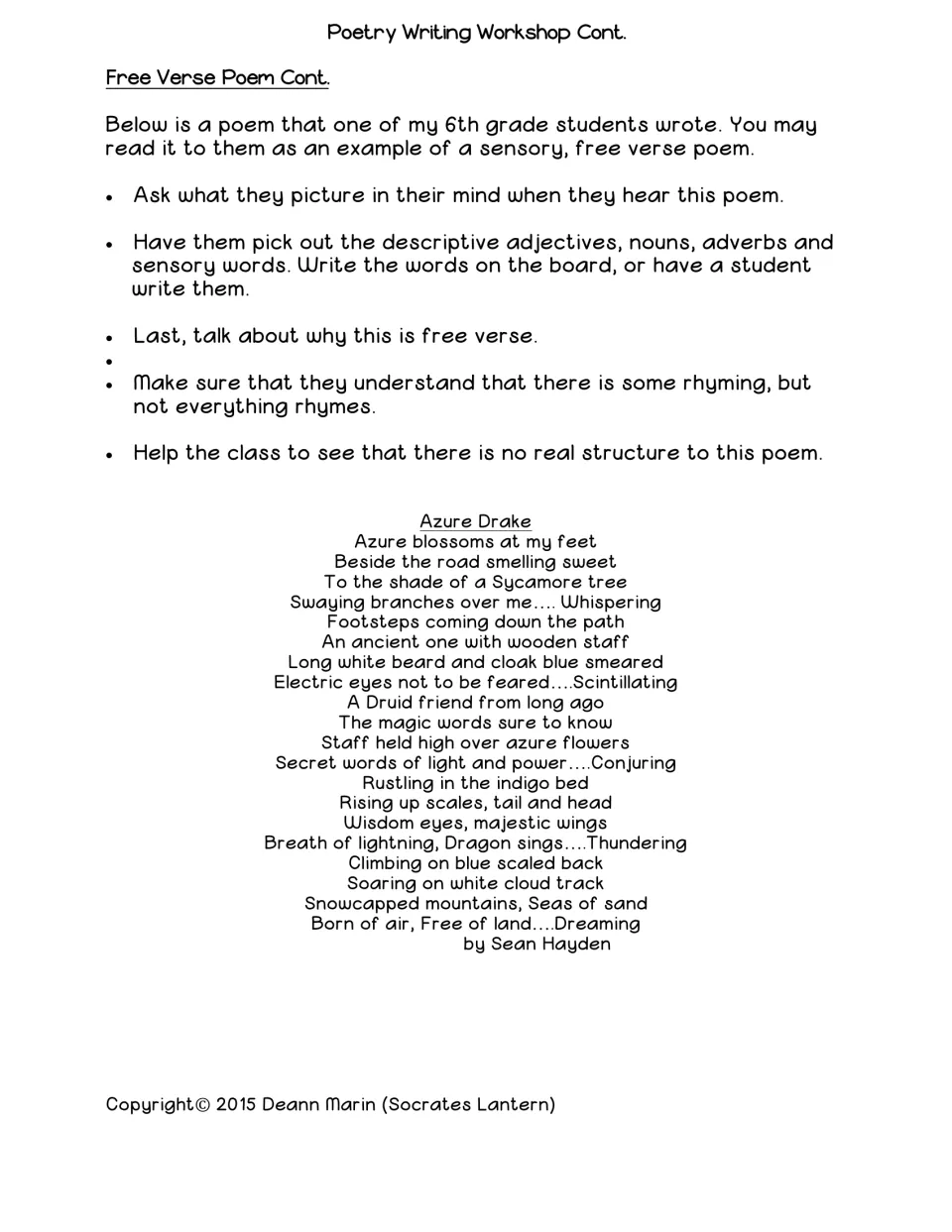 Free verse lesson uses the student poem “Azure Drake” to examine imagery, descriptive words, rhyme, and structure