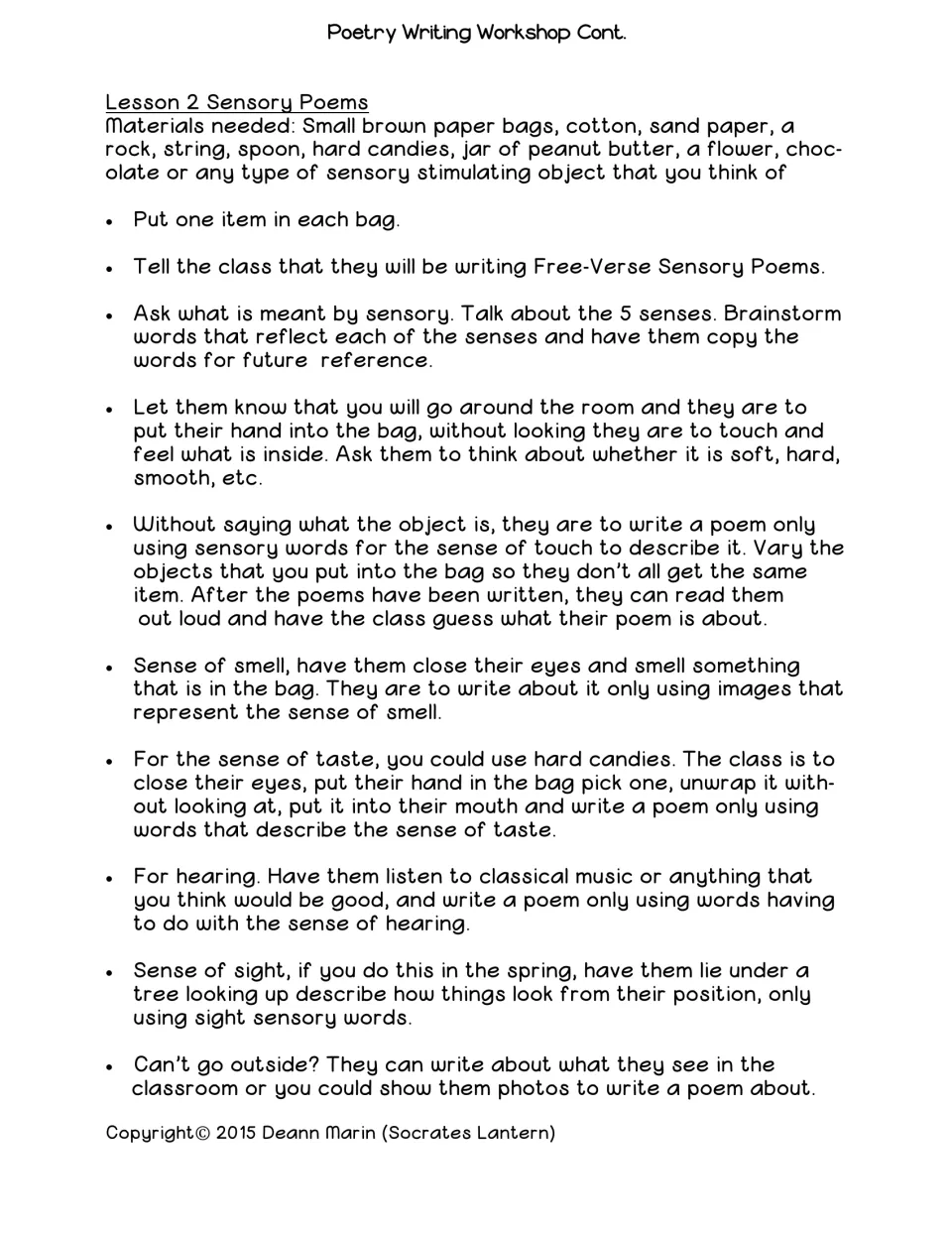 Lesson 2 guides sensory free verse writing using bagged objects, music, outdoor sights, and classroom photos