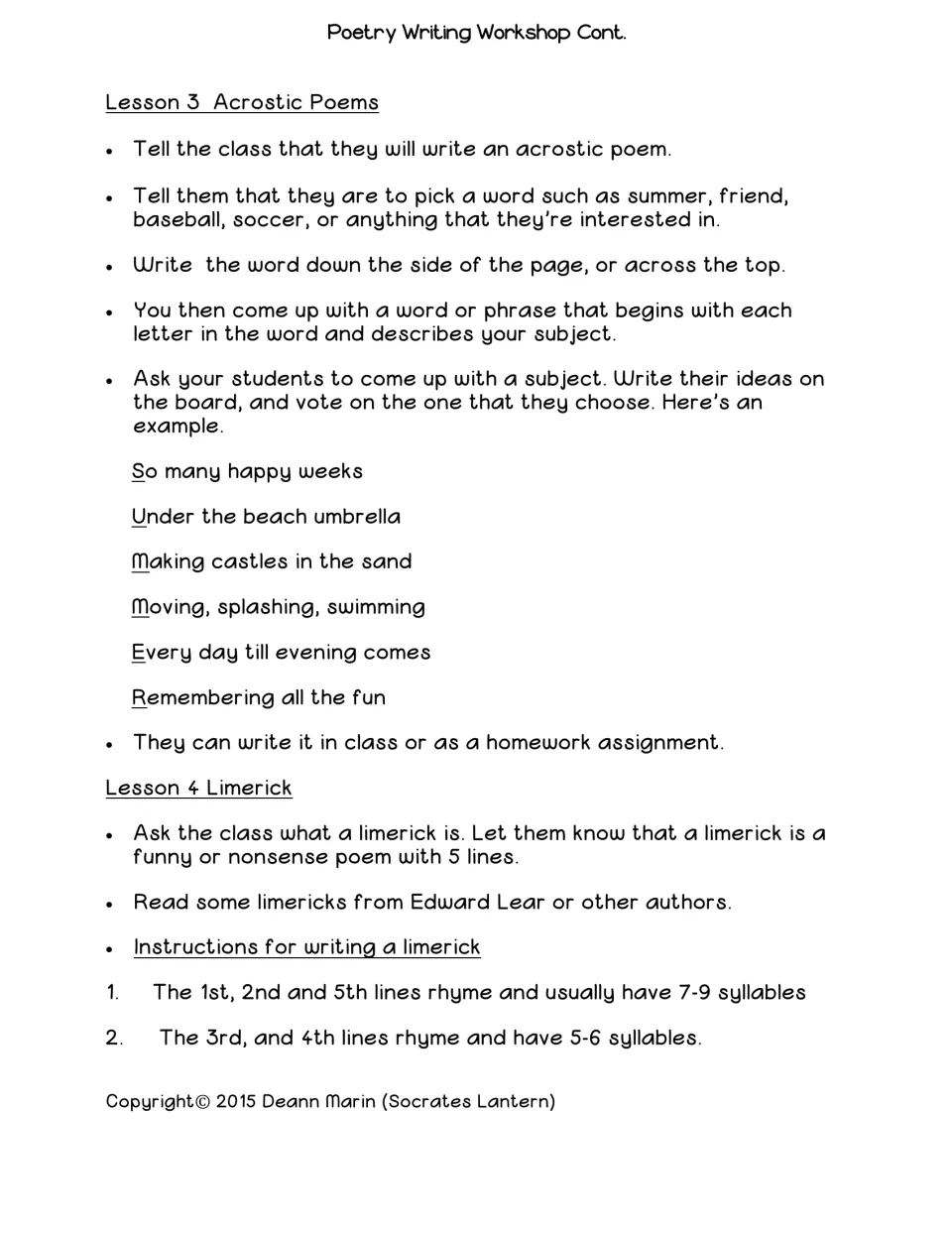 Lesson 3 models an acrostic using SUMMER; Lesson 4 introduces five-line limericks, rhyme, and syllable counts