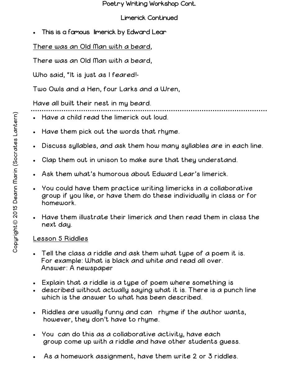 Lesson 4 continues with Edward Lear’s bearded-man limerick; Lesson 5 explains riddles and group writing