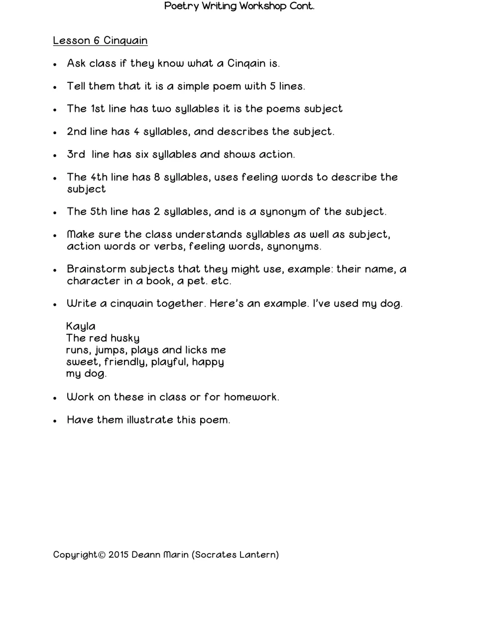 Lesson 6 teaches a five-line cinquain with a 2-4-6-8-2 syllable pattern and a dog example titled by its name, Kayla