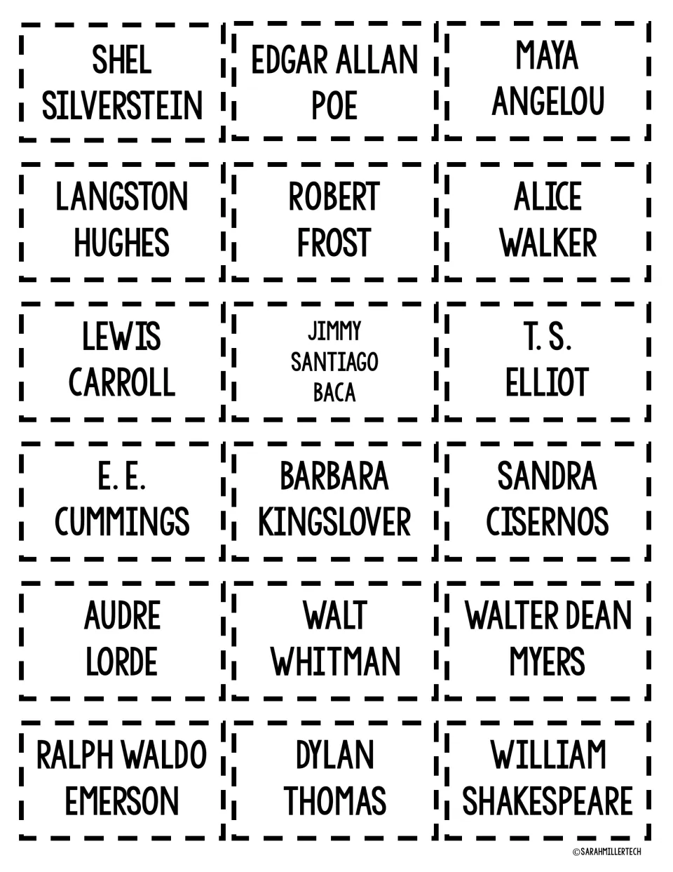 Author name cards: 18 cut-apart cards naming writers like Shel Silverstein, Maya Angelou, Langston Hughes and Robert Frost
