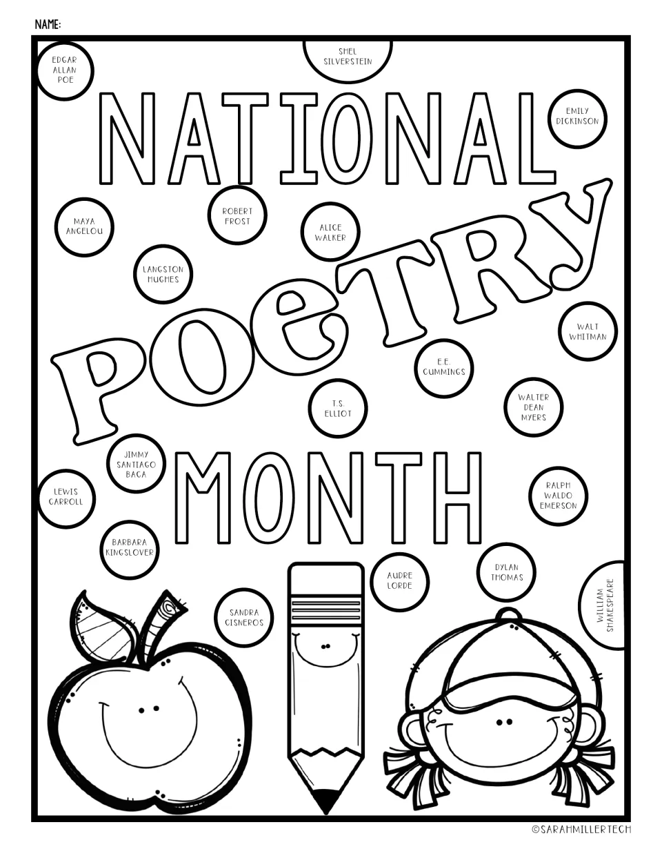 National Poetry Month coloring page with bubble letters, an apple, pencil and child, ringed by famous poets' names