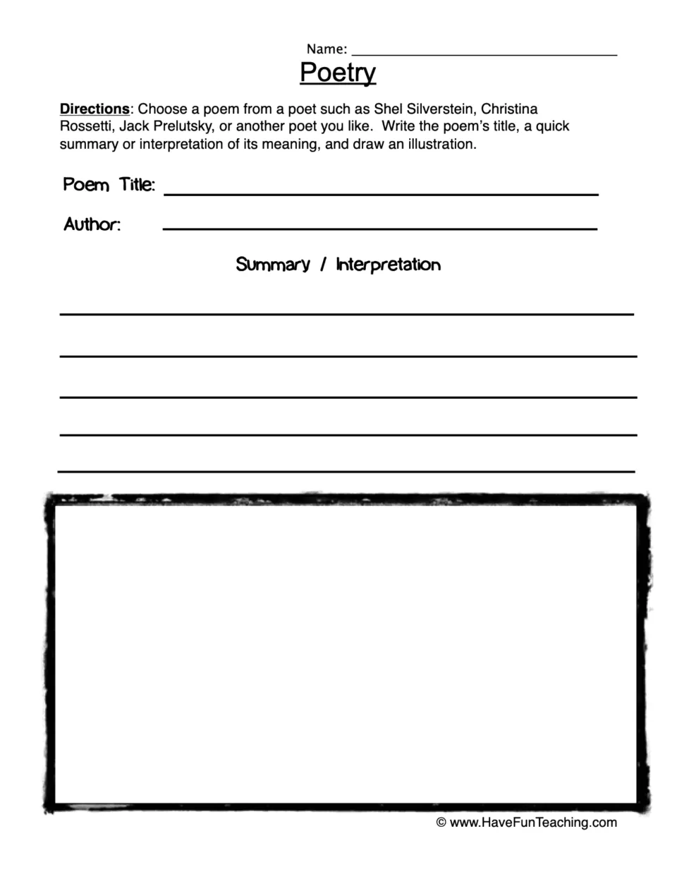 Poetry response: students pick a poem, record its title and author, write a summary or interpretation, then illustrate it