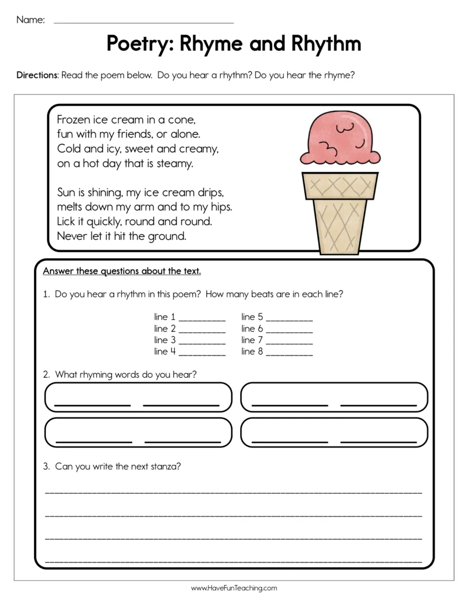 Poetry practice: an eight-line ice cream poem, beat counts, rhyming word pairs, and a prompt to add a stanza.