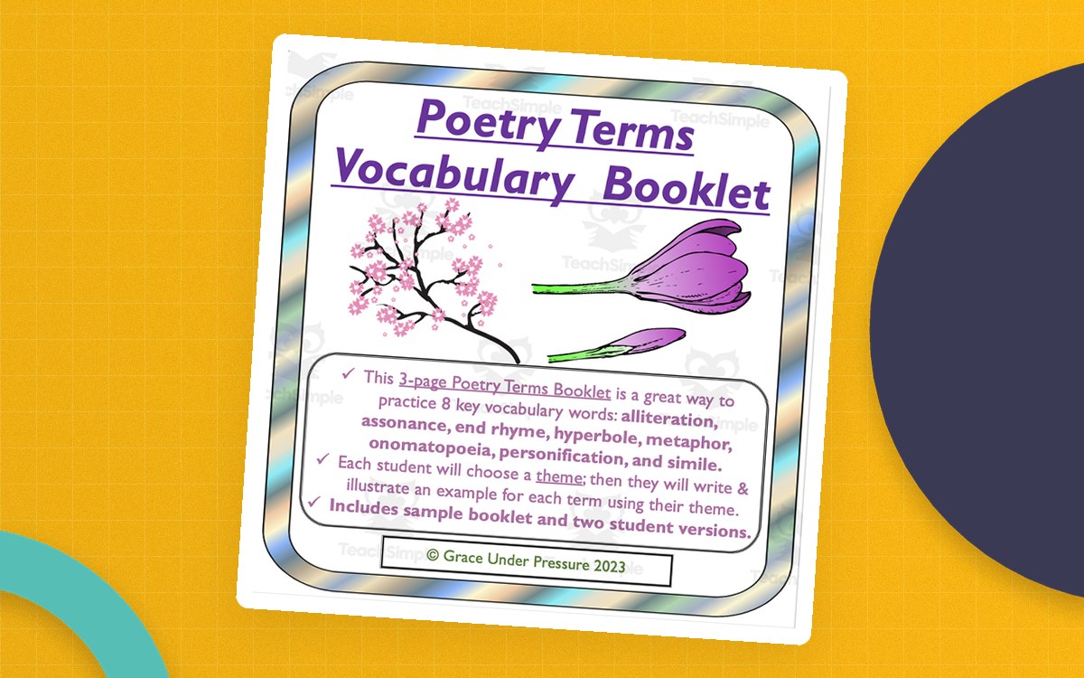 Poetry Terms Vocabulary Booklet cover with a purple heading, flowering branch, and text advertising eight terms plus student and sample booklets.