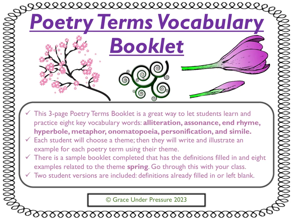 Poetry terms booklet cover listing eight terms, from alliteration to simile, with theme and spring sample directions