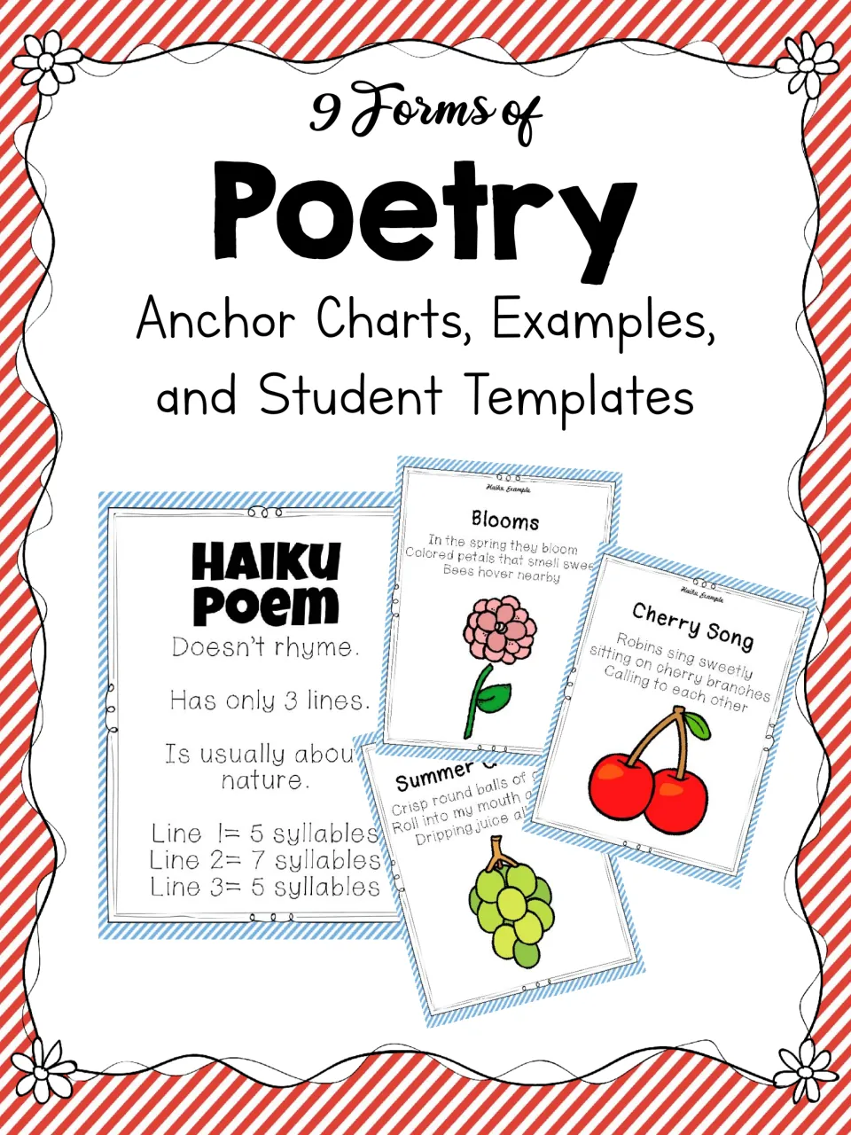 9 Forms of Poetry cover: anchor charts, examples and student templates, shown with a haiku chart and example posters