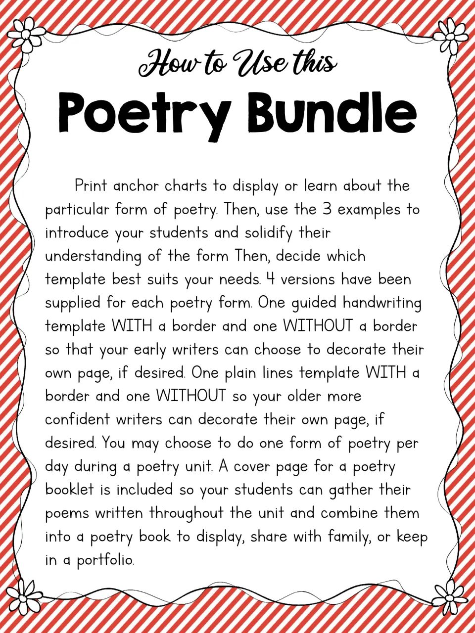 How to Use this Poetry Bundle: teacher notes on anchor charts, 3 examples per form, 4 template versions, booklet cover