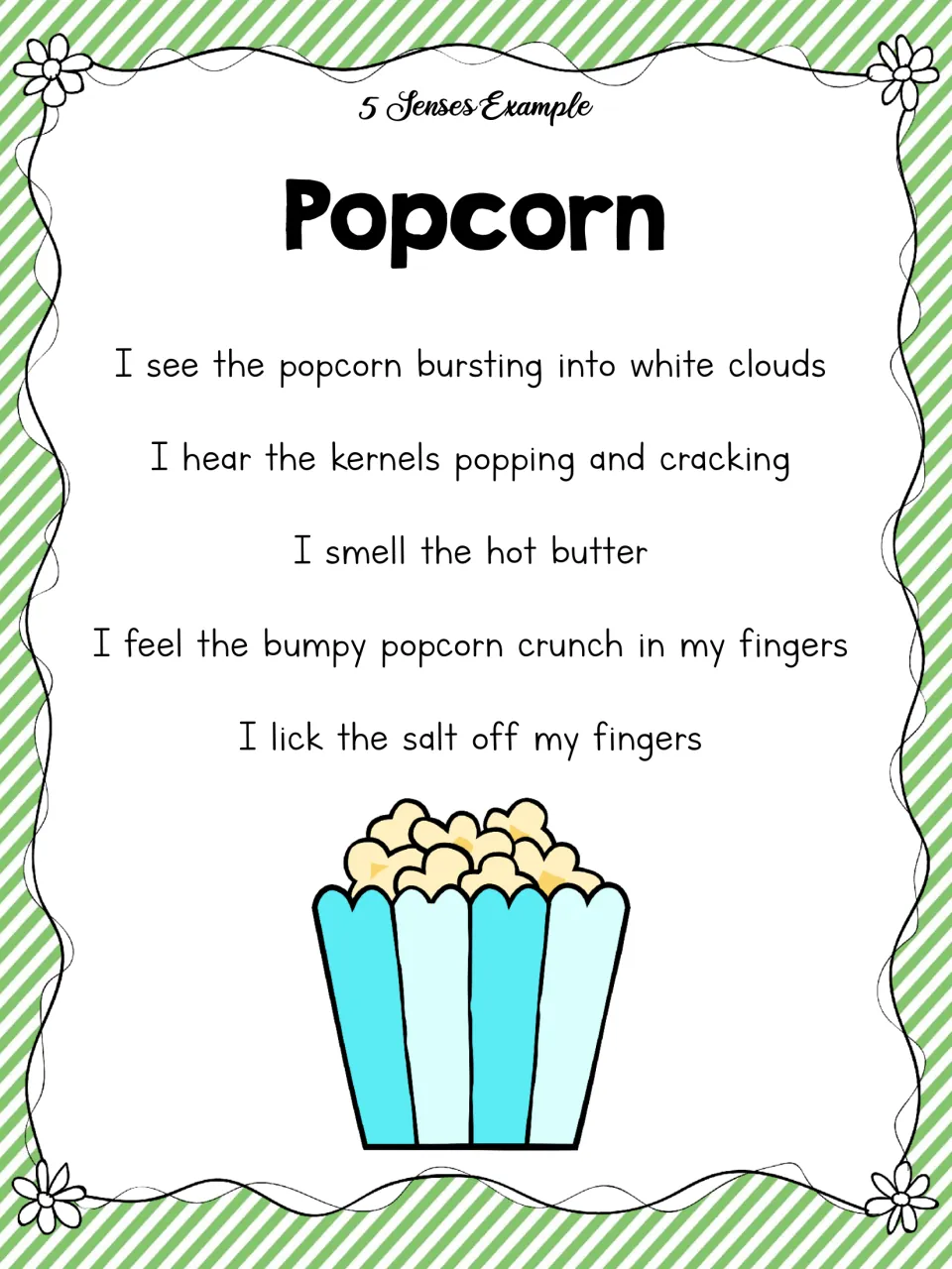 5 Senses example poem 'Popcorn': seeing popcorn burst, hearing kernels pop, smelling butter, crunching and tasting salt