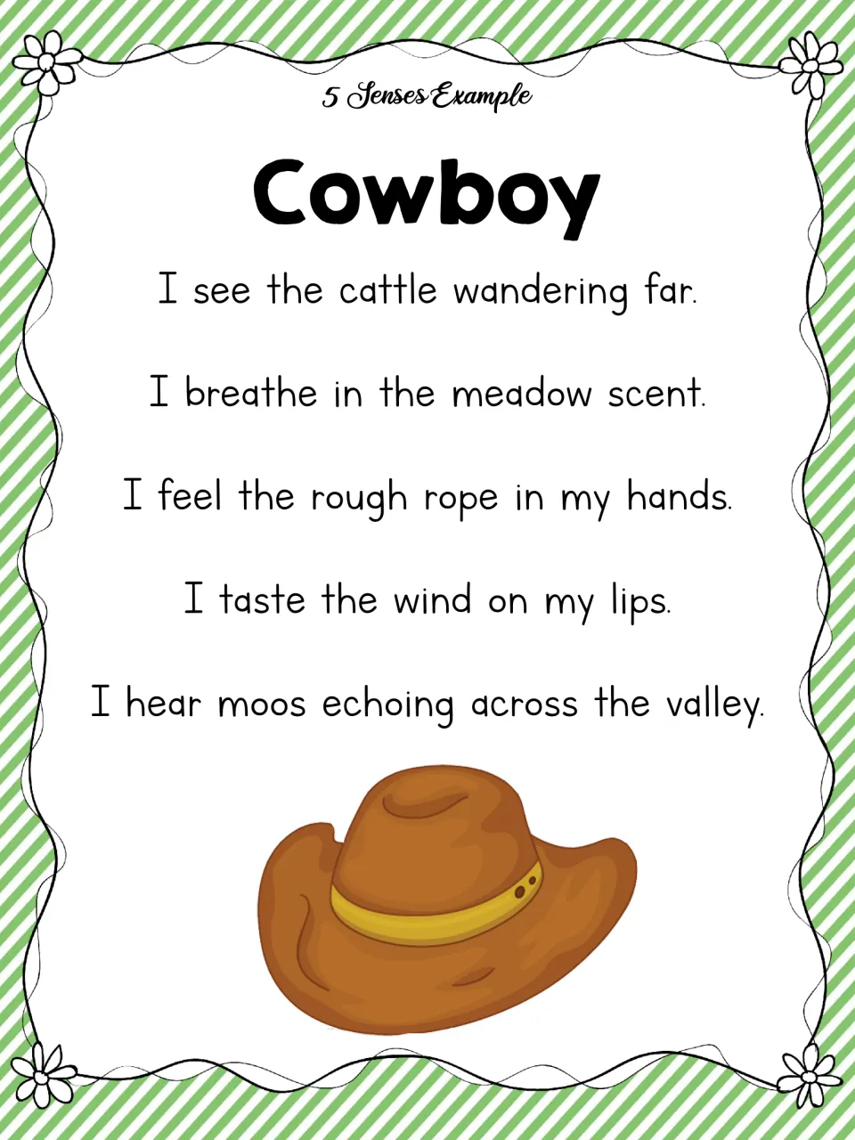 5 Senses example poem 'Cowboy': cattle wandering, meadow scent, rough rope, wind on lips and echoing moos