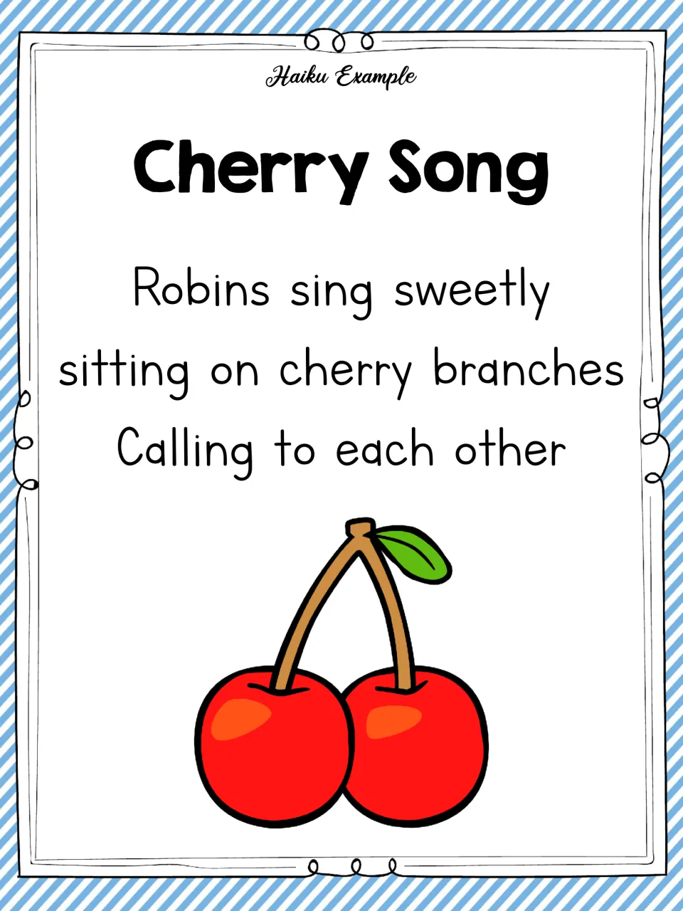 Haiku example 'Cherry Song': three lines about robins singing sweetly on cherry branches and calling to each other